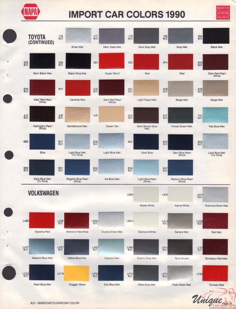 Toyota Exterior Color Chart